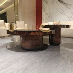 Luxury Nesting Coffee Table Set with Natural Burl Wood Veneer and Hammered Metal Detailing